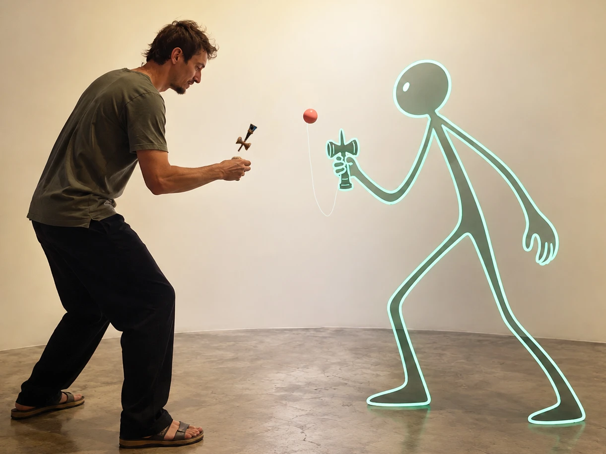 A man playing kendama, facing a glowing outline of a stick figure that plays along.