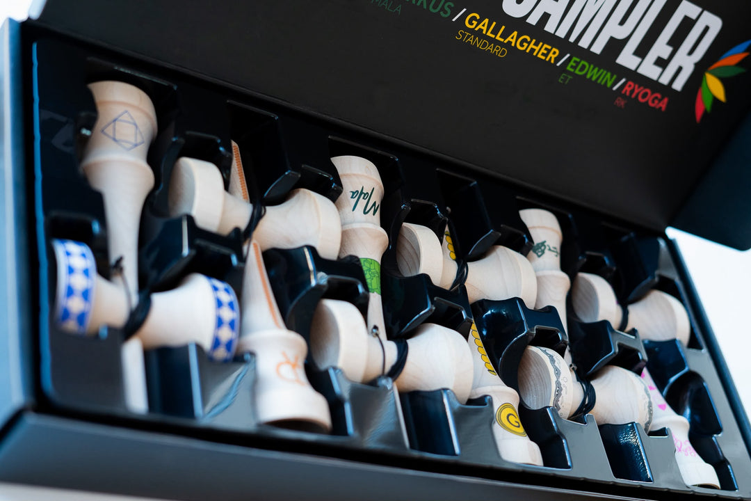 Lotus Pro Sampler box open with all six kendamas